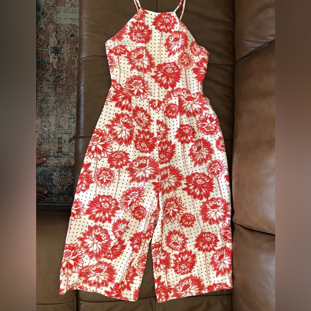 Topshop Cream Jumpsuit with Red Floral Print